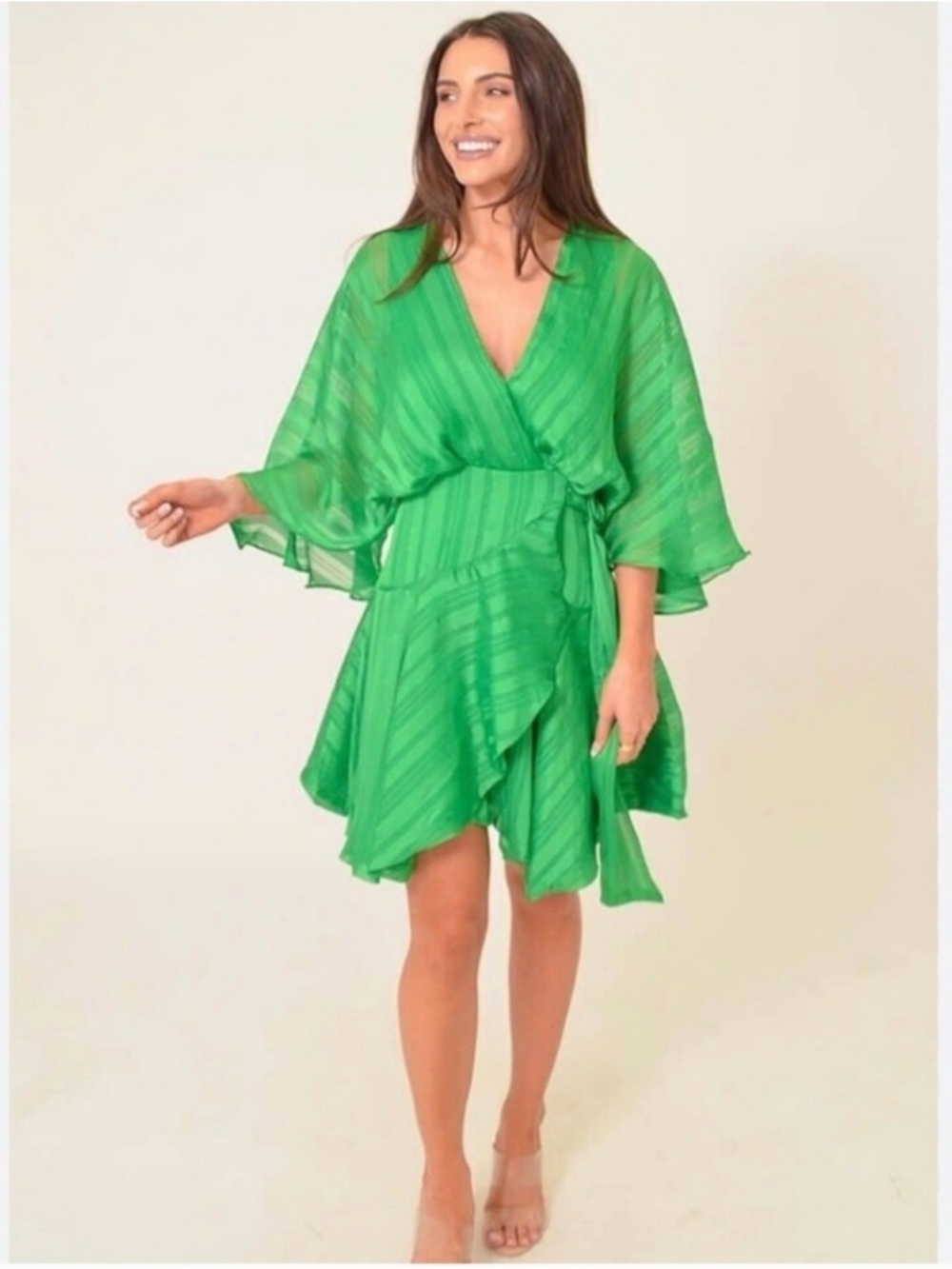 BTFL-life: Vonda Stripe Jacquard Long Sleeve Satin Mini Dress Green